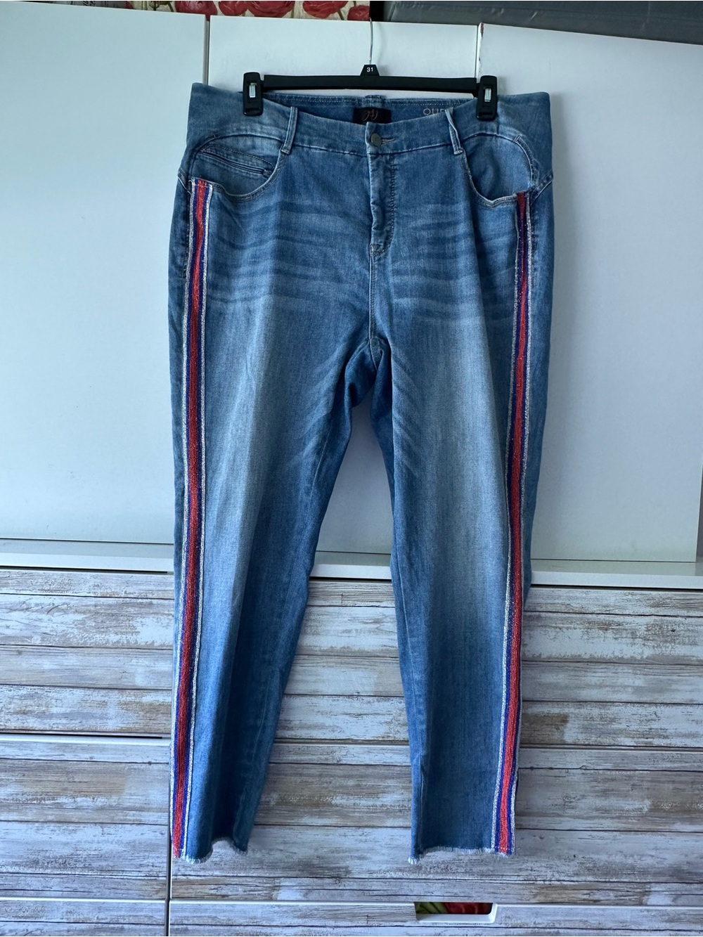 👖✨ YSJ Queen Ankle Straight Jeans 22W Rhinestone Side Stripe Raw Hem